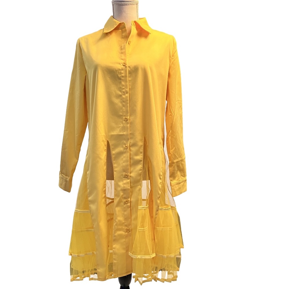 #A037 FT INC Resort Yellow Sheer Midi Shirt dress NWT Size M - Picture 3 of 10